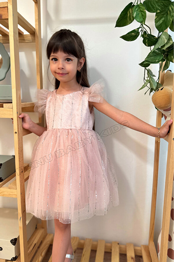 penu baby kids Pudra Yarım Kol Baskı Şeritli Tül Kız Çocuk Kız Bebek Elbise