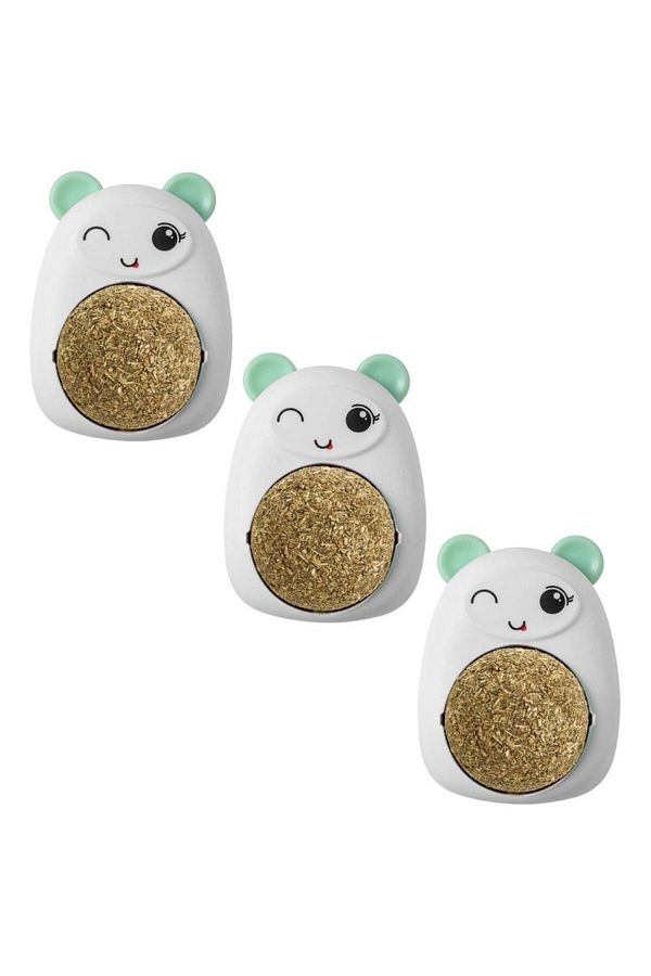 Evelise-Set of 3 Toys for Kittens, Teddy Bear Model, 360° Rotating Catnip Ball, 6 cm, Pink 1