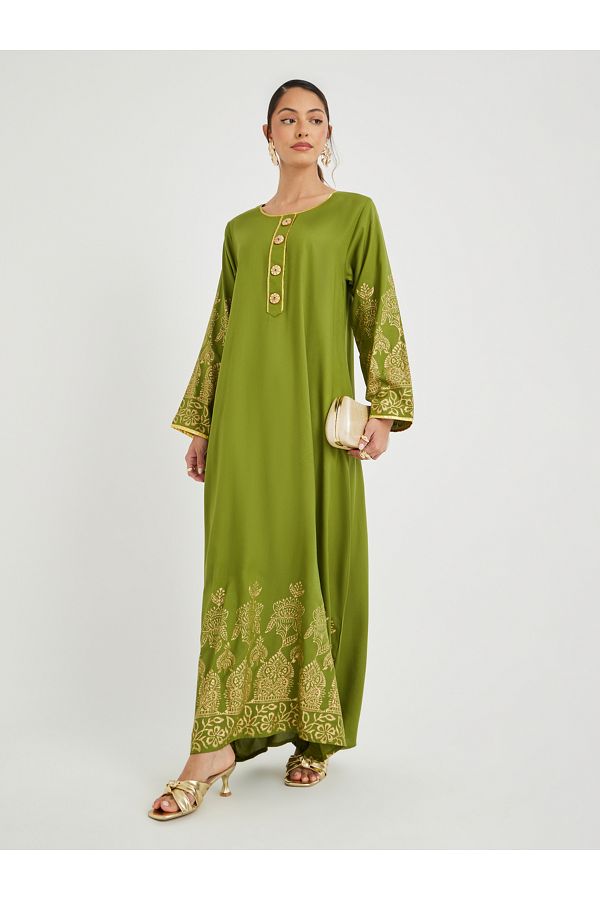 Maxim Creation By Styli-Foil Block Print Round Neck Jalabiya with Button Detail 1