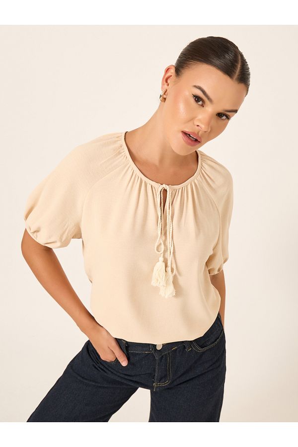 Styli-Puff Sleeve Tie-Up Neck Blouse 1
