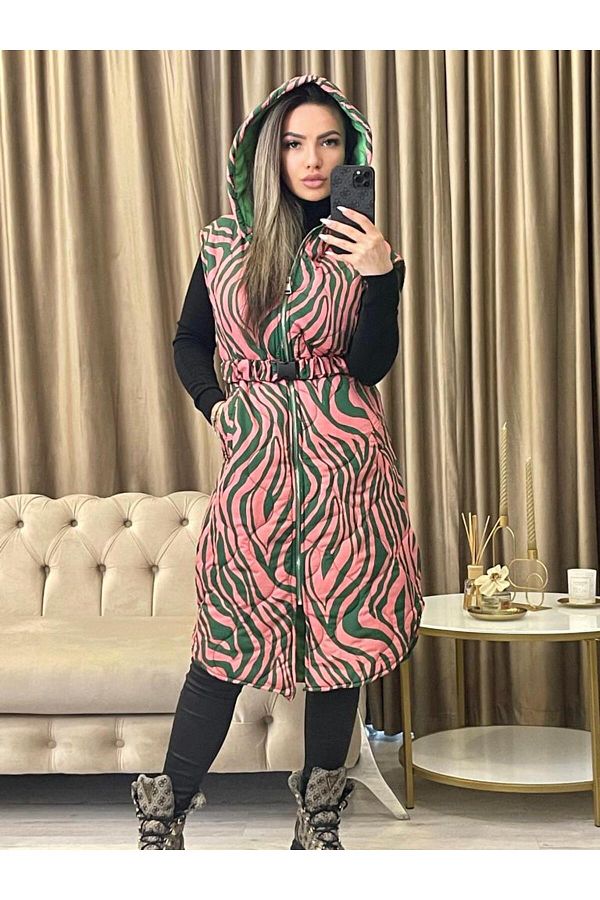 Intisimo-Vestă lungă Fas, matlasată, mărime universală, model zebră, roz/verde 1