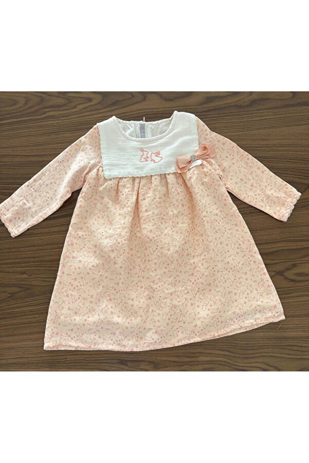 Babydola %100 Pamuk Müslin Tavşan Nakışlı Kız Bebek Elbisesi - Uzun Kollu