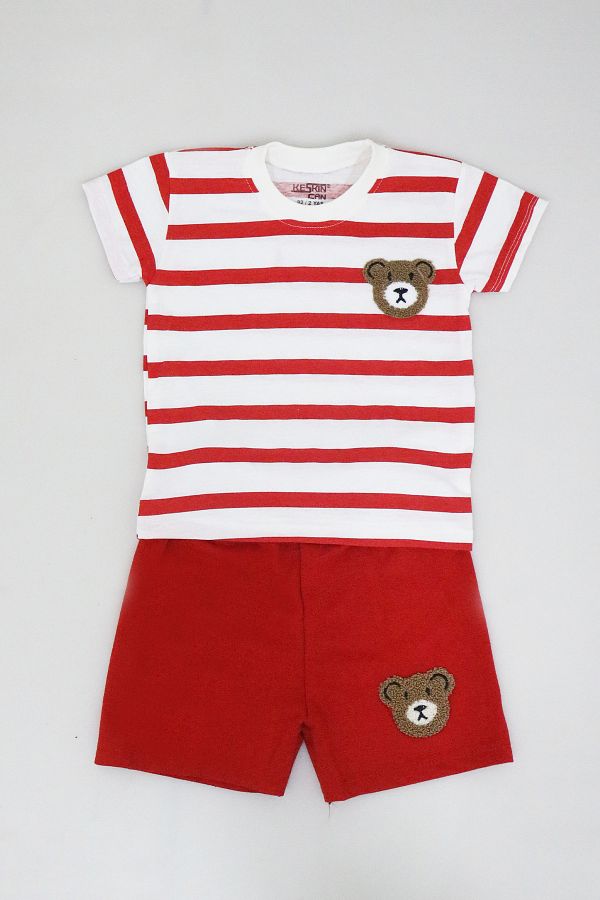 e-çocuk-Boy's Striped Teddy Bear Shorts Suit - 1104 1