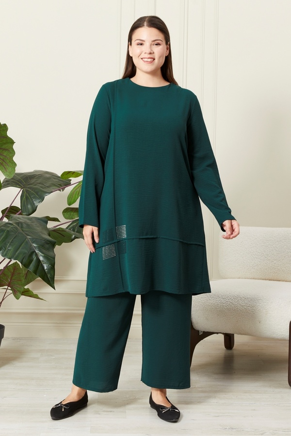 Ferace Women's Islamic Clothing Large Size Islamic Double Set Ayrobin Pants Tunic Set Stone