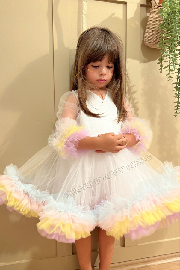 penu baby kids Beyaz Karnaval Renkli Uzun Kol Kız Bebek & Kız Çocuk Elbise - Alice