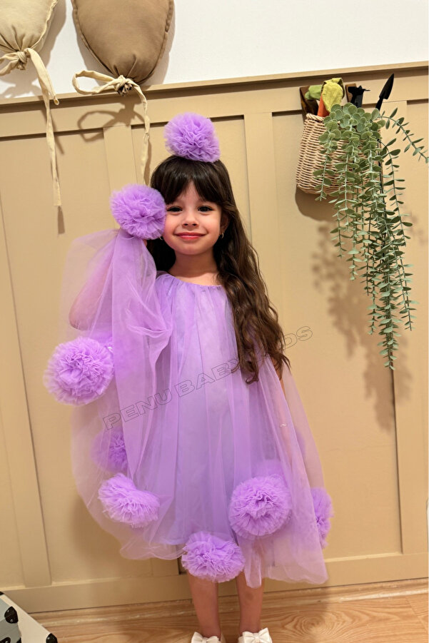 penu baby kids Lila Kolsuz Etek Ucu Ponponlu Ve Ponpon Taçlı Kız Bebek & Kız Çocuk Elbise - Lara