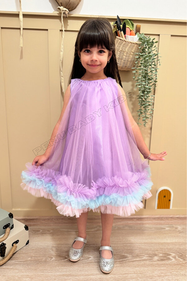 penu baby kids Lila Etek Ucu Renkli Fırfırlı Parlak Saten Üstü Kloş Tül Jile Kız Bebek & Kız Çocuk Elbise - Donna