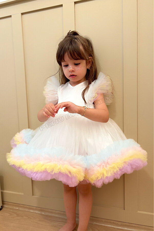 penu baby kids Beyaz Karnaval Renkli Kısa Kol Kız Bebek & Kız Çocuk Elbise - Alice