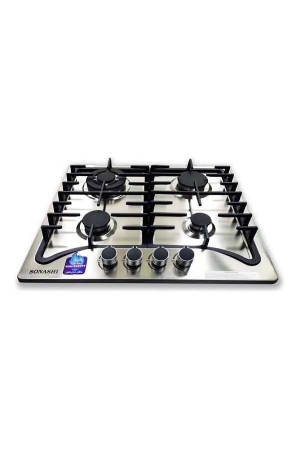 sonashi-4-burner Gas Hob - 60 Cms | Featured With Front Control Panel And Cast Iron Pan Stand | Gas Hob With 1