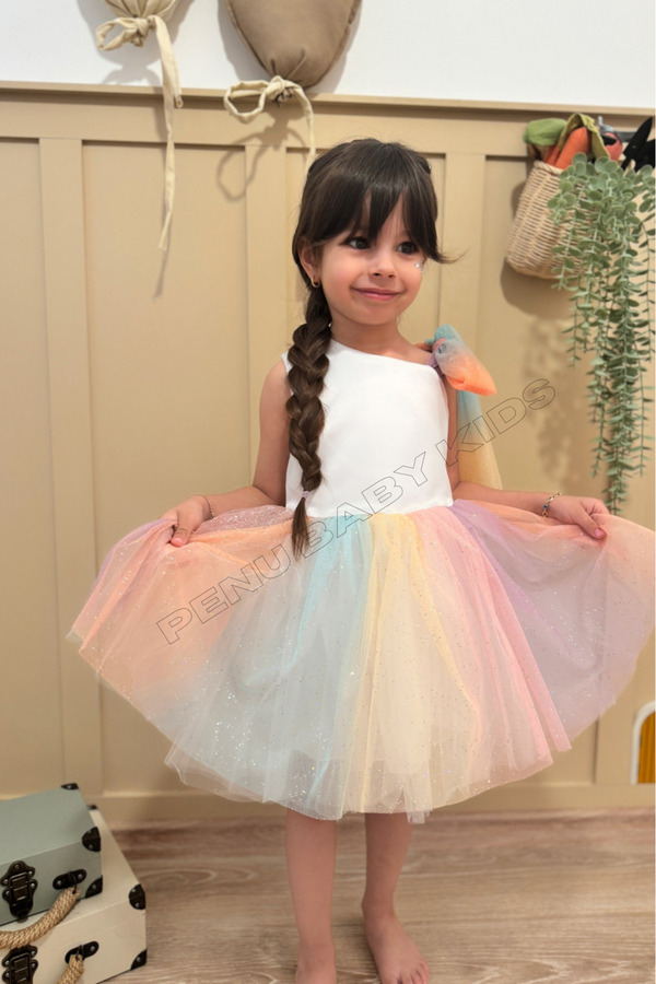 penu baby kids Omuzdan Bağlamalı Eteği Renk Geçişli Kız Çocuk Kız Bebek Elbise-COLORFUL