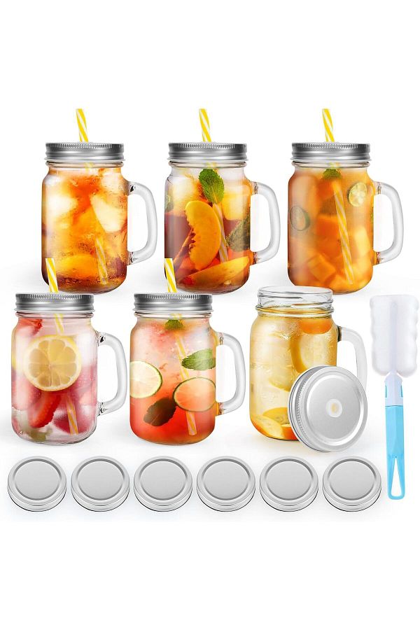 Generic-16oz Glass Mason Jar Set of 6 with Lids and Straws - Mason Jars with Handles for Cold Drinks 1