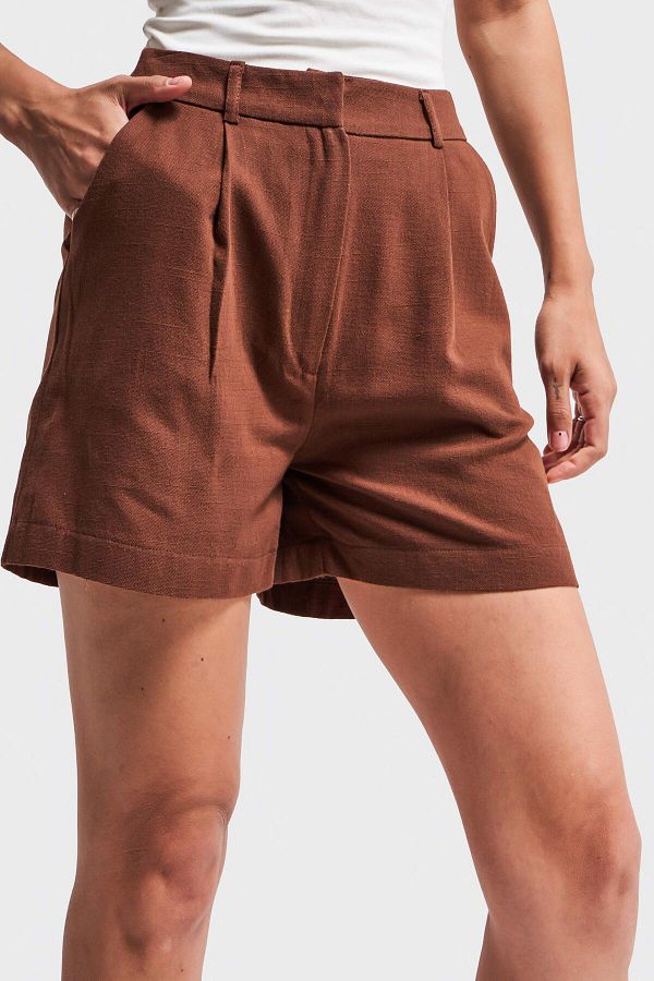 its basic-Women's Brown S5-16 Relaxed Cut Midi Front Pleated Mom Fit Linen Fabric Shorts 1
