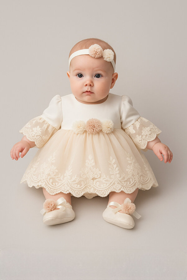 Cherub Baby Mimoza Kız Bebek Çiçekli Dantelli Elbise Yenidoğan Lüx Elbise Seti - Hastane Çıkışı Mevlütlük Takım