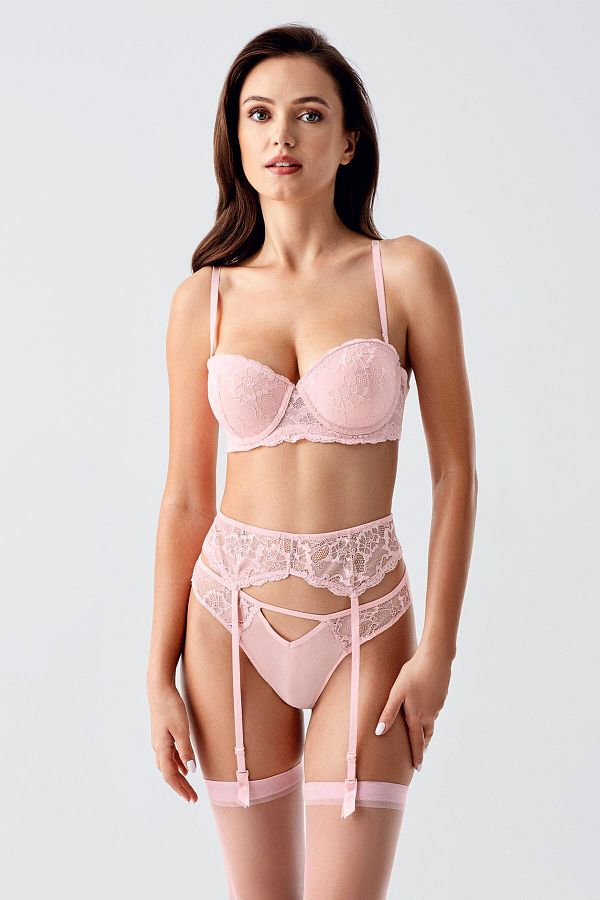 C&City-Unpadded Bra Set with Garters and Stockings with String Straps C14168 Powder 1