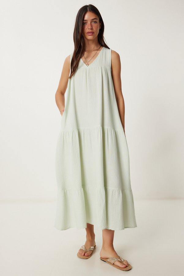 Lovelyİstanbul Flounced Summer Muslin Dress Water Green Lmx0087