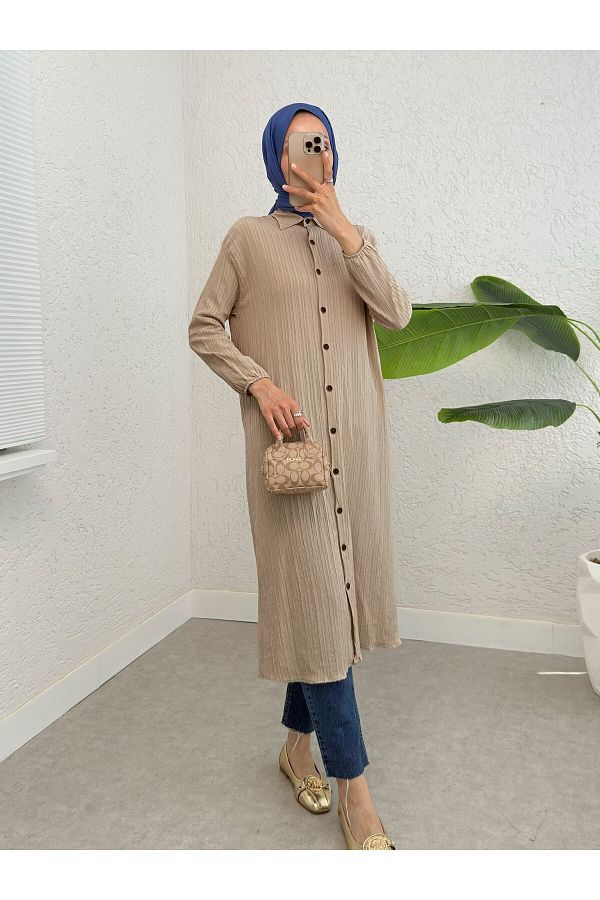Modamorfo-Long Crinkle Tunic with Buttons and Elastic Sleeves - Mink 1