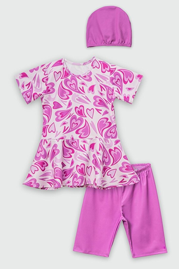 Beniizle Kalp Desenli Volan Etekli Boneli Kız Çocuk Üçlü Set Mayo