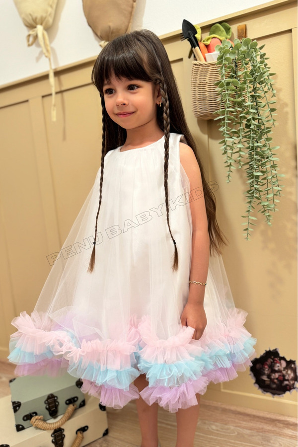 penu baby kids Beyaz Etek Ucu Renkli Fırfırlı Parlak Saten Üstü Kloş Tül Jile Kız Bebek & Kız Çocuk Elbise - Donna