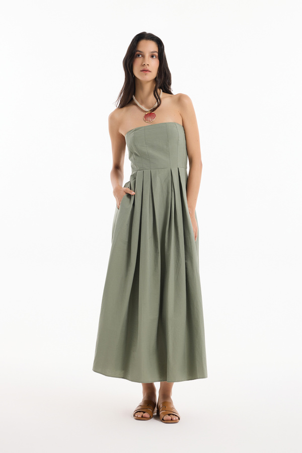 Quzu-Strapless Pleat Detailed Long Dress Khaki 1