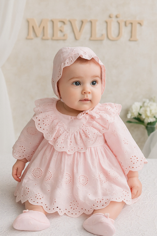 Cherub Baby Lotus Kız Bebek Brodeli Elbise Yenidoğan Lüx Elbise Seti - Hastane Çıkışı Ve Mevlütlük Takım