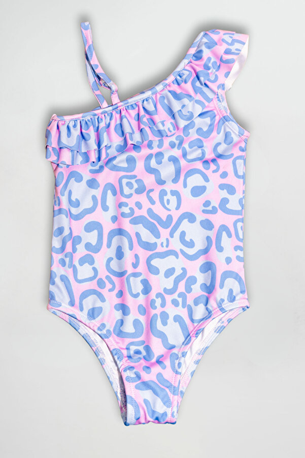 Beniizle Tek Omuzlu Desenli Fırfır Detaylı Kız Çocuk Mayo