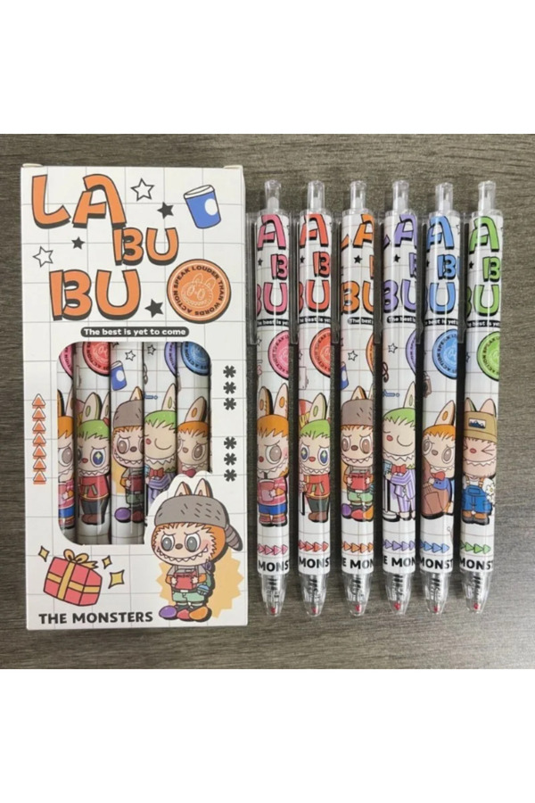 Miniso-A 6Pcs New Labubu Gel Pen Cute Cartoon Labubu Black Quick Drying Press The Neutral Pen Stationery S. 1