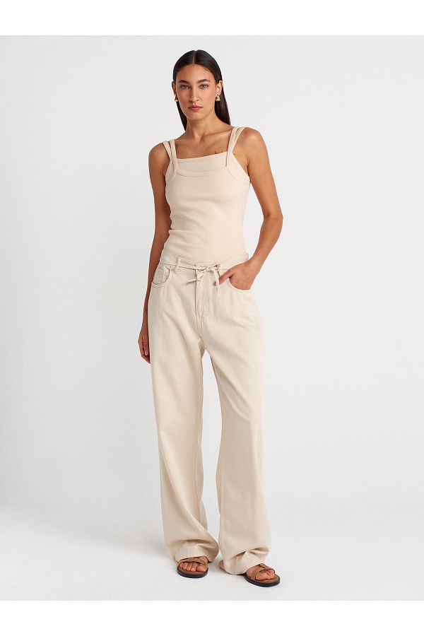 Dilvin-72002 Comfortable Denim Trousers with Elastic Back Section-Stone 1