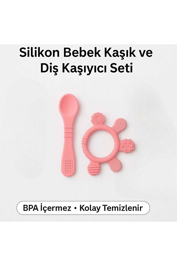 Genel Markalar Bebek Diş Kaşiyici Ve Kaşik Seti - Parmak Model Dişlik Ve Mama Kaşiği Pembe