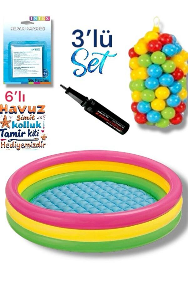 SAZE BEBEK HAVUZ 86X25 + EL POMPASI + TAMIR KITI 6 LI 100 ADET HAVUZ TOPU