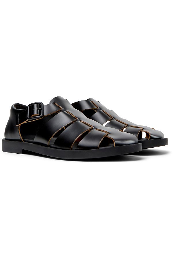 CAMPER-Men's Black Adjustable Sandals with Hook And Loop Strap, Soft Sole, Genuine Leather Don 1