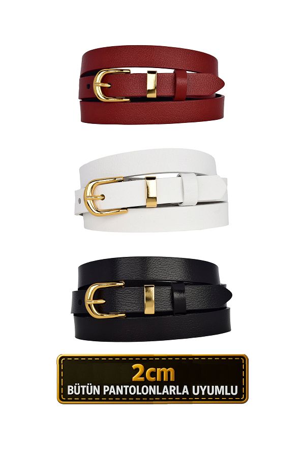 GoDeri-Set de 3 curele din piele naturală 100% cu cataramă de costum de culoare aurie 2 cm pentru femei Negru, alb, roșu_Düz_gOLD 1