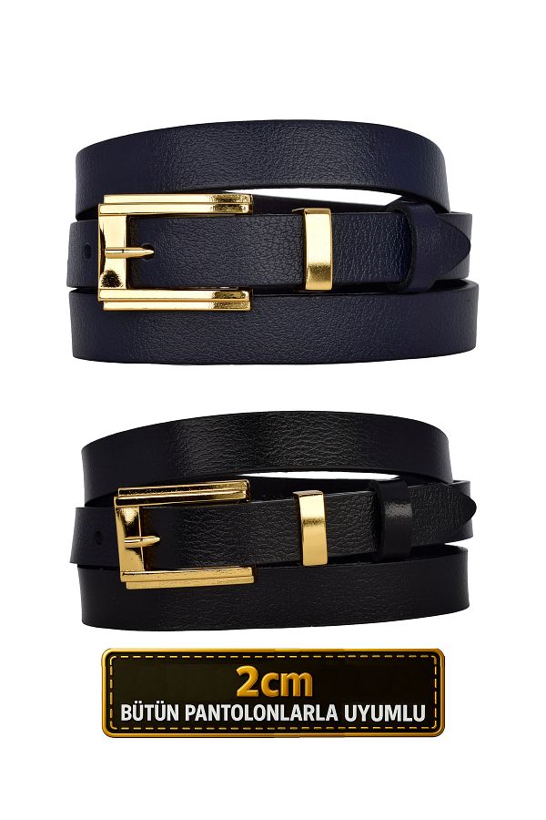 GoDeri-100% Genuine Leather Set of 2 Gold Color Set Buckle 2cm Women's Belt Navy Blue, Black_ Big_Gold 1
