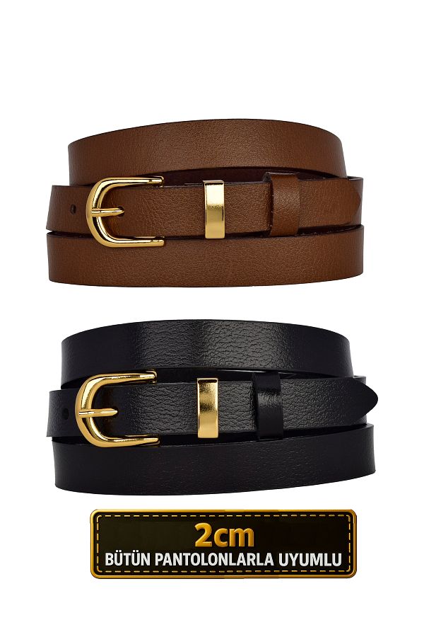 GoDeri-Set de 2 curele din piele naturală 100% cu cataramă de costum de culoare aurie 2 cm pentru femei maro, negru_ nOR.dÜZ_gOLD 1