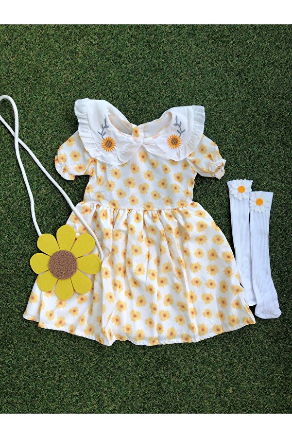 Kokosh kidss Kız çocuk papatyalı elbise çorap ve aksesuar seti