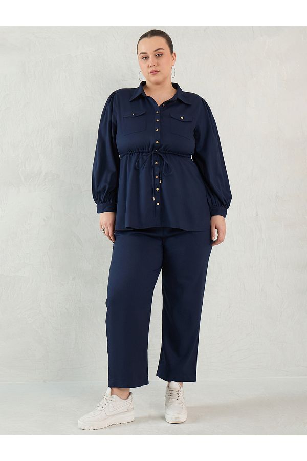Femmella By Styli-Plus Size Button Down Top and Trousers Set 1