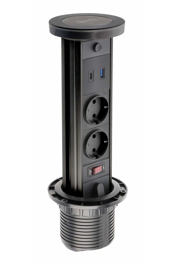 ANKRGRGTVN-Built-in tower socket, 2 sockets, USB A+C, 10 W wireless charging, 1.5 m cable, black, GTV 1
