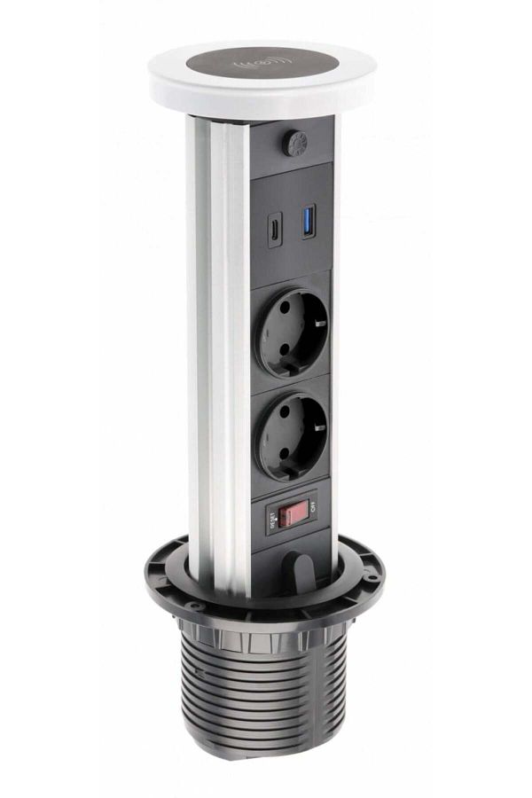 ANKRGRGTVN-Built-in tower socket, 2 schuko sockets, USB A+C, 10 W wireless charging, 1.5 m cable, white, GTV 1