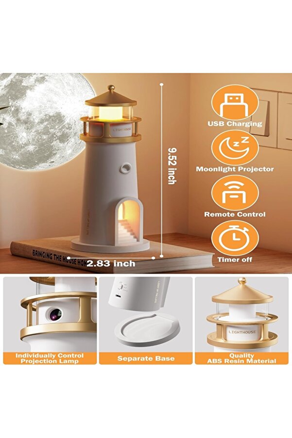 İMEXTECH Ay Projeksiyon Gece Lambası Hareket Sensörlü & Bluetooth Müzik Zamanlayıcı Deniz Feneri Işığı