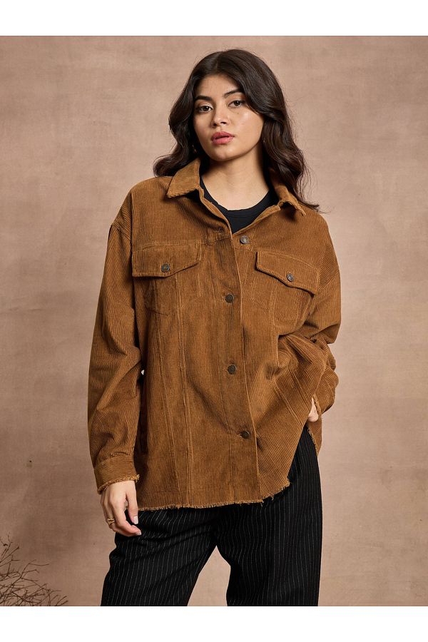 Sassafras By Styli-Textured Corduroy Oversized Shacket with Pockets 1