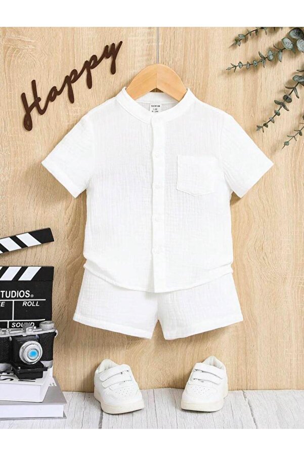 Bubito Müslin Cepli Şık Pamuklu 2'li Yazlık Şort Takım-Beyaz