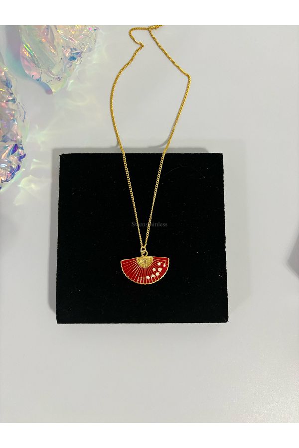 AccSWEN-Pink Enamel Fan Pendant Ss Stamped Steel 1