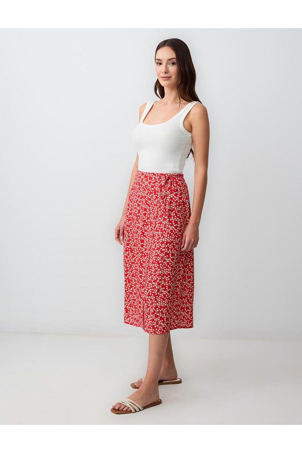 Jimmy Key-Red Regular Waist Floral Patterned Woven Midi Skirt 1