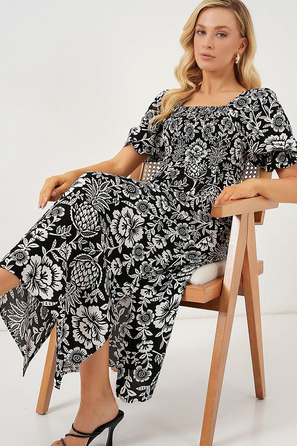 Bigdart-2512 Gemustertes Schlitzkleid - D. Schwarz 1