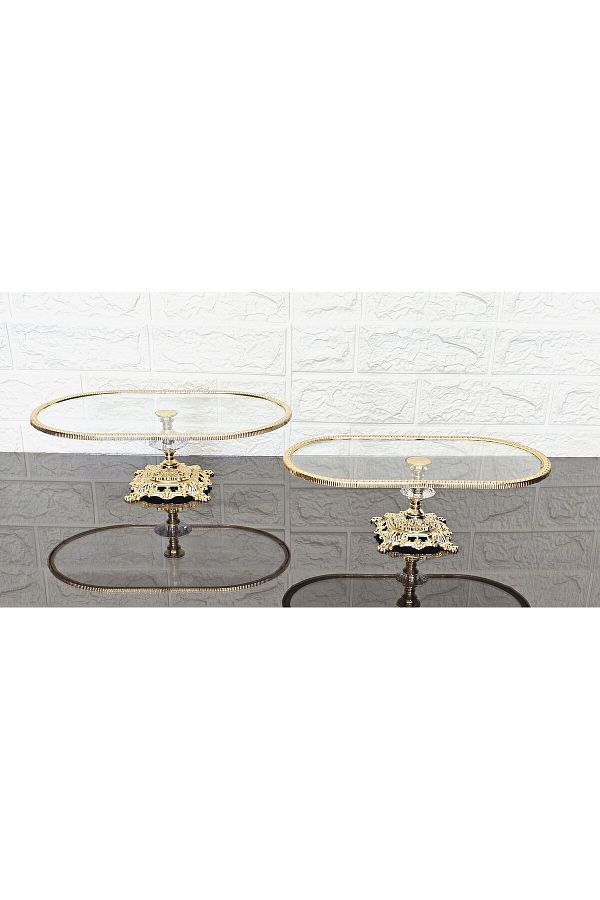 atabey home-Set of 2 Glass Oval Small and Large Boat Presentation with Cast Gold Frame and Legs 1