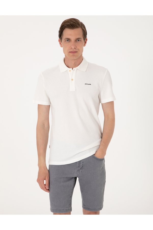 Pierre Cardin Ecru Slim Fit Knitted Textured Buttoned Polo Collar T-Shirt 50309946-Vr019