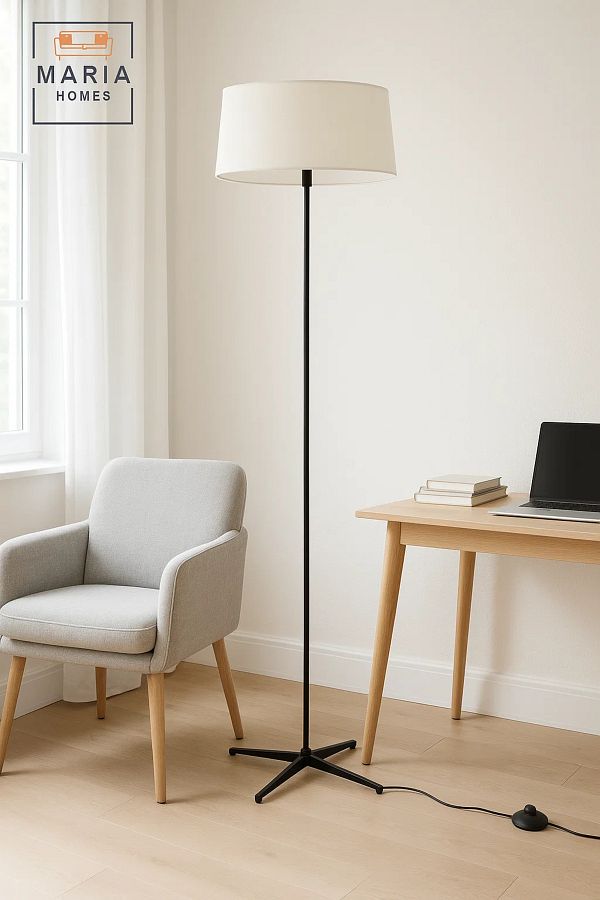 MARIA HOMES-Slim Tripod Floor Lamp with White Drum Shade 1