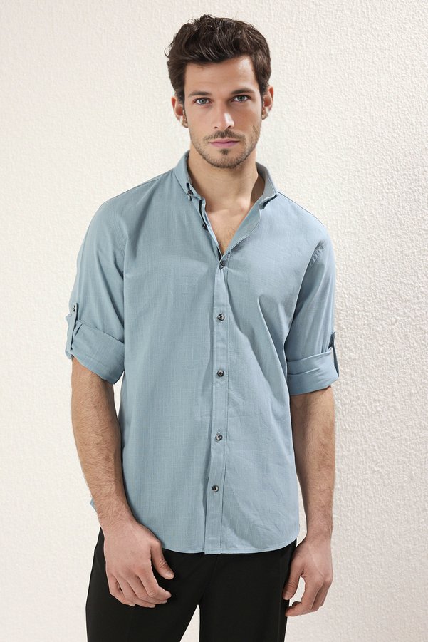 Trendyol Collection Blue Button-Down Collar Epauletted Slim Fit 100% Cotton Shirt TMNSS20GO0189