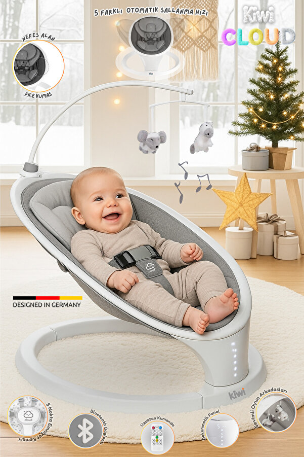 Kiwi Cloud Otomatik Sallanan Anakucağı Bluetooth, Kumanda, Dokunmatik Ekran, Ultra Konforlu Kumaş
