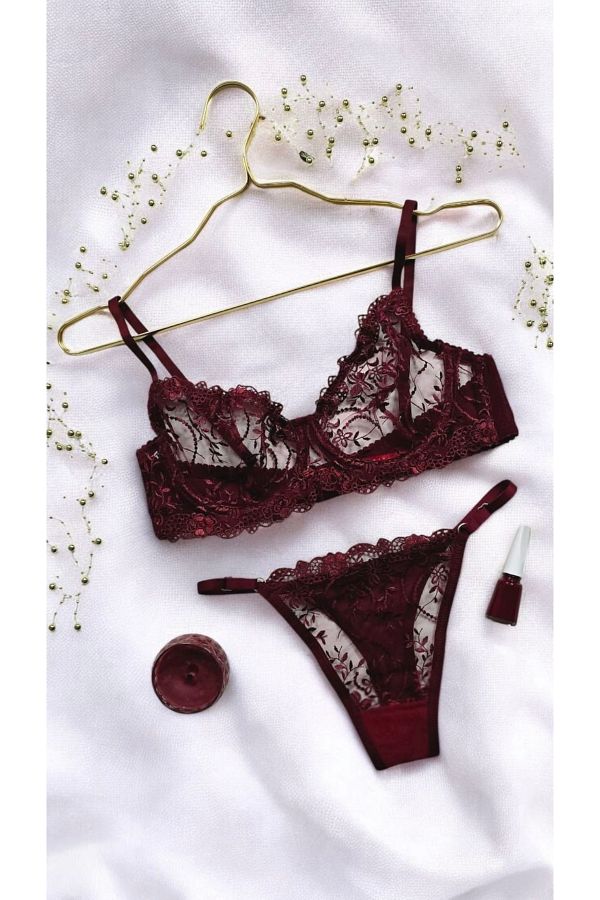 more than socks-Dámský bordový krajkový set Bralet 1