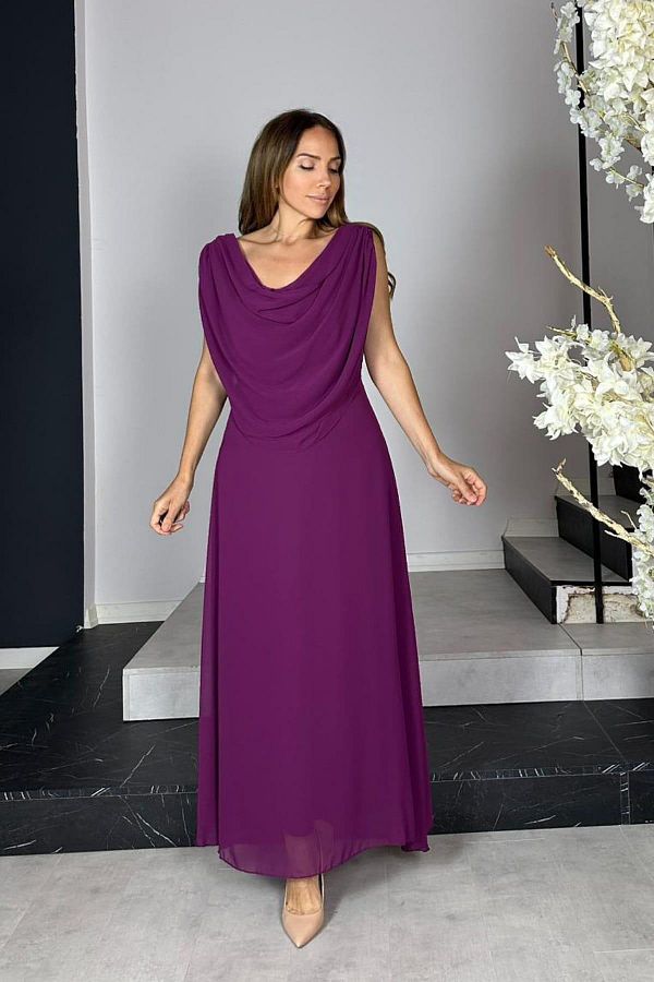 gesmoda-G1437 Βραδινό φόρεμα σιφόν με γιακά Degaje Φόρεμα Plum 1